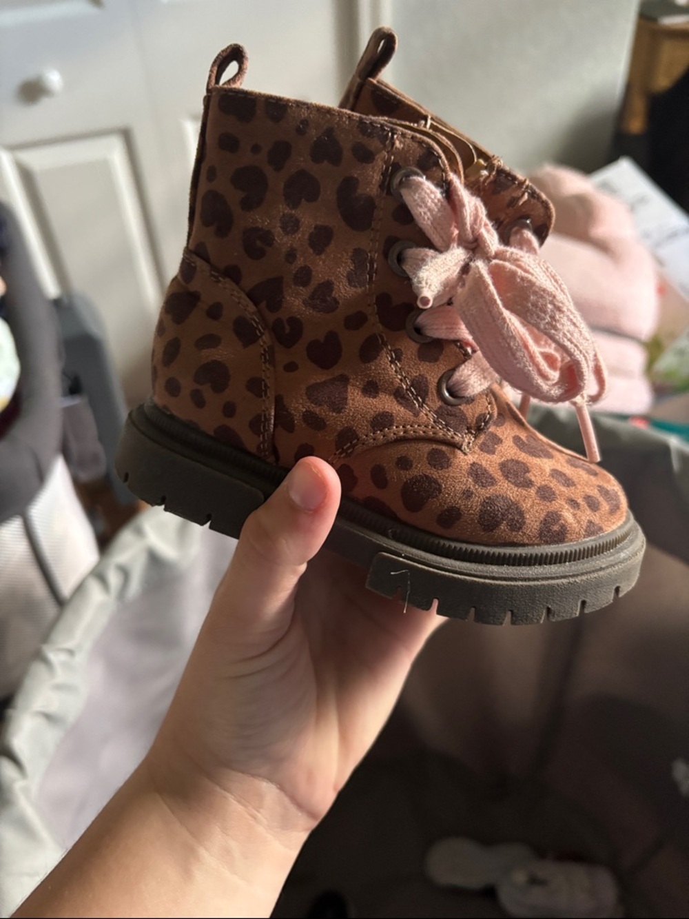 Cat & Jack Brown Leopard Print Kids Boots with Pink Laces - Picture 2 of 3
